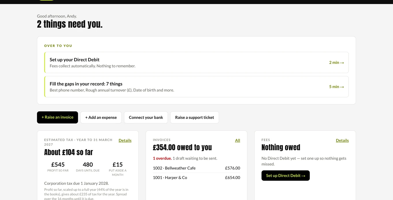 The Buzz portal home screen showing tasks, the tax estimate, invoices and fees