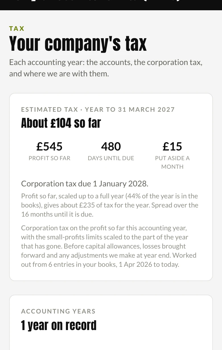 The tax screen in the Buzz app showing the estimate so far and the monthly amount to set aside